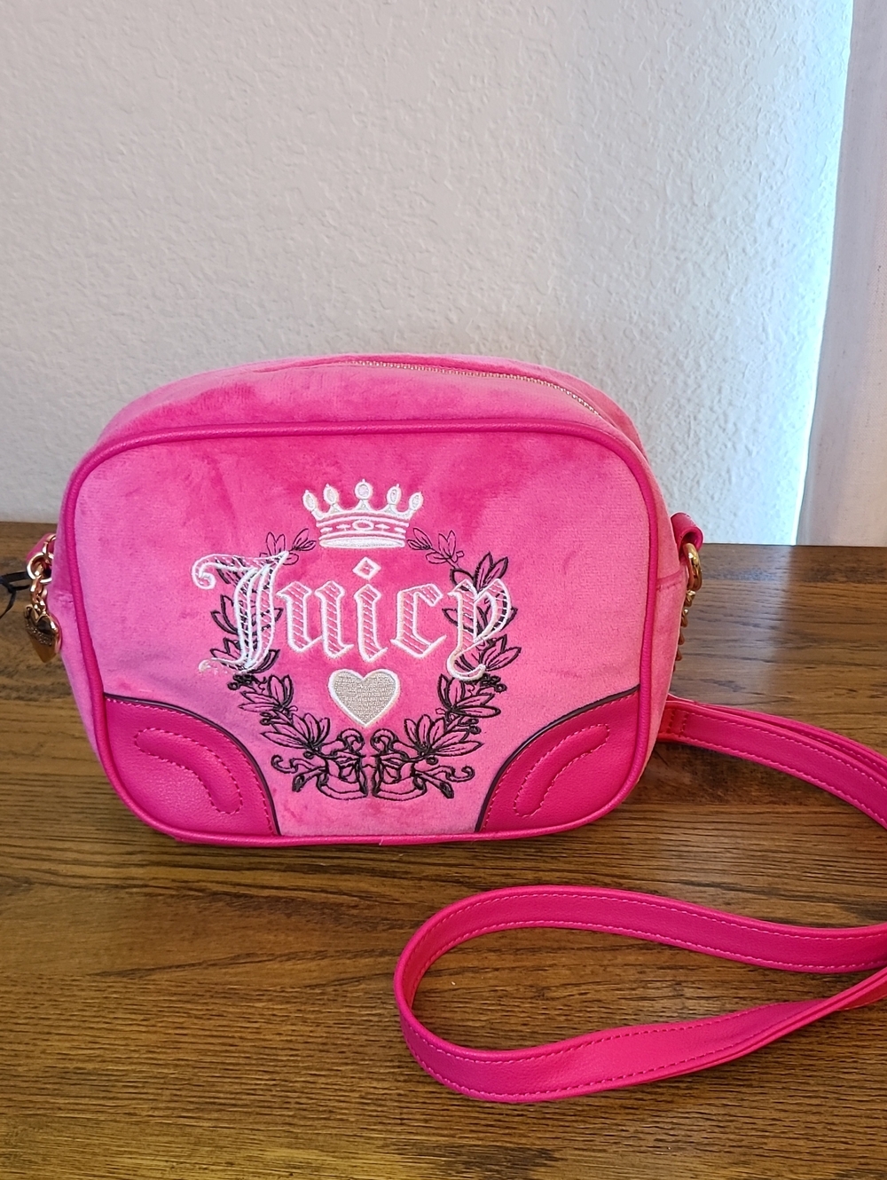 Juicy Couture Bright Pink Velour Crossbody Bag